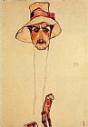Egon Schiele Famous Paintings - Portrait of a Man with a Floppy Hat